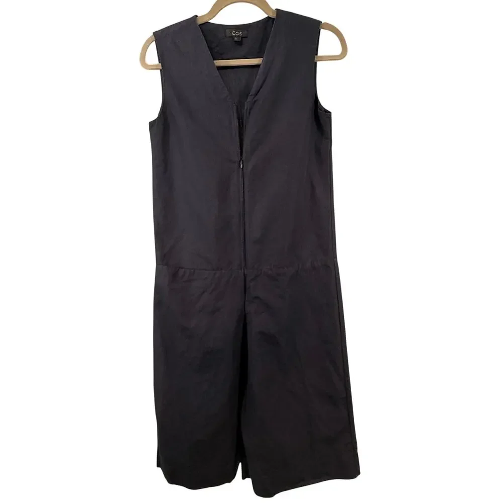 COS Womens Sz 2 Navy Cotton Blend Sleeveless V-Neck Zip Front Wide Leg Jumpsuit